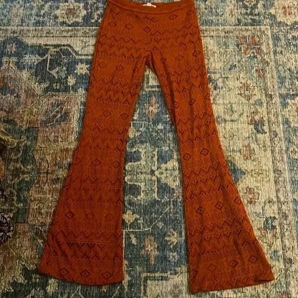 Crochet Bell Bottoms Wide Flare Pant Laser Cut Boho Chic Pants Burnt 70s Western - Picture 2 of 5